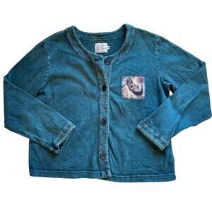 Michael Leu Washed Blue Button Front Cotton Cardigan W/ Painted Style Graphic Sm